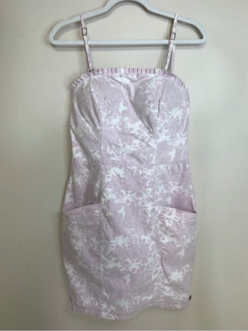 Maria Valentina Pink White Floral Denim Mini Dress Cotton Ruffle S